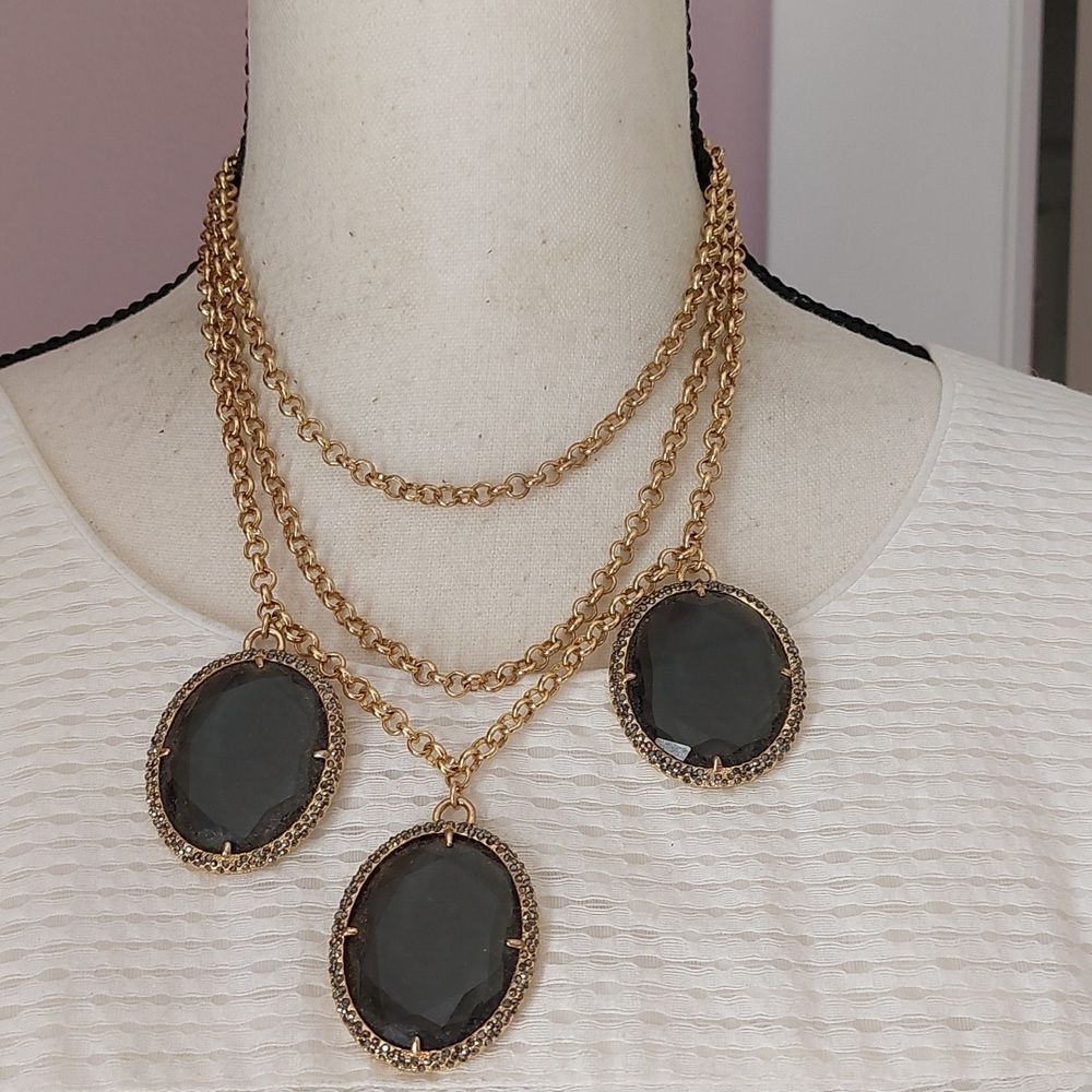 Talbots Triple Layered Gold Tone Necklace  Oversize Dangling Crystals